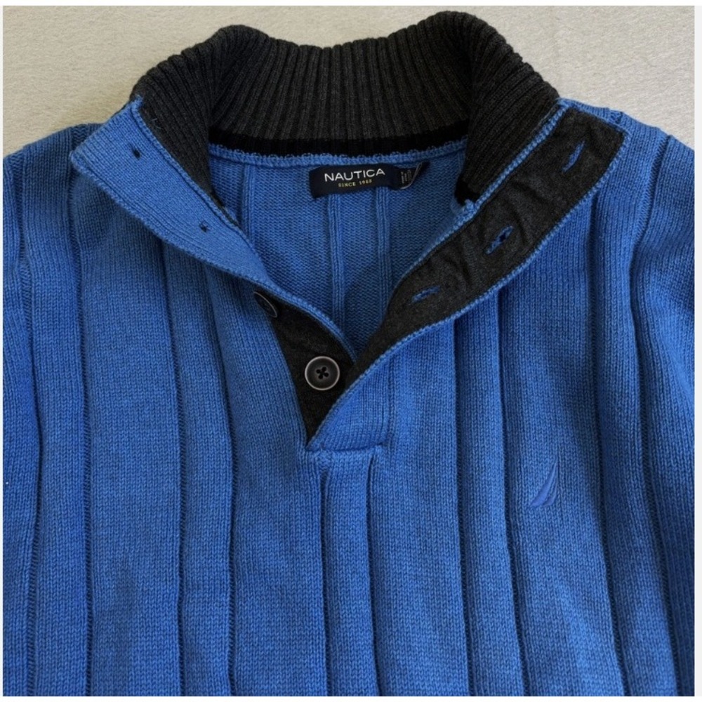 Nautica Sweater Ribbed Button Mock Neck XL Blue 100% Cotton Excellent Casual
